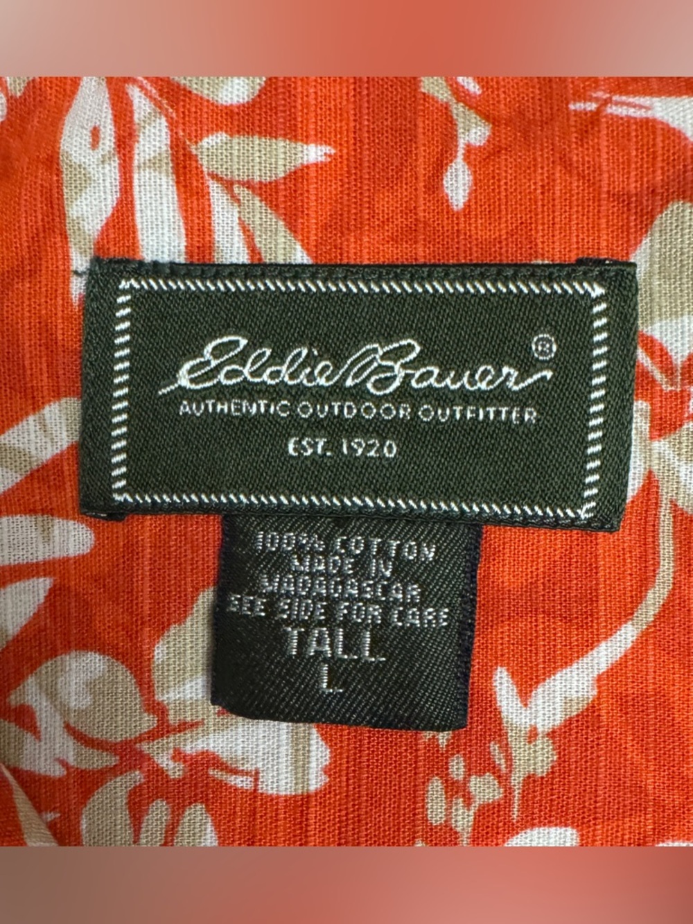 Eddie Bauer SS Men's Red-Orange Floral Hawaiian Button-Up Shirt 
Size L-Tall - Picture 2 of 5